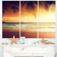 Design Art Palm Leaves on Caribbean Seashore - 3 Piece Graphic Art on Wrapped Canvas Set
