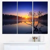 Design Art Lonely Tree in Pond in Blue - 3 Piece Graphic Art on Wrapped Canvas Set