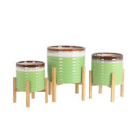 Ebern Designs Set of 3 Glossy Green White and Brown Drip Glased Ceramic Planters with Bamboo Stands