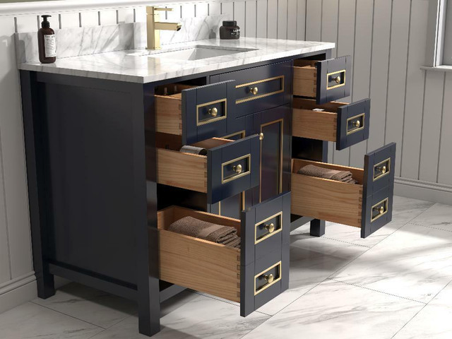 36, 48, 60 & 72 Blue with Gold Accents Bathroom Vanity w Carrara White Marble (Dovetail Drawer)(Light Oak & White Avail) in Cabinets & Countertops - Image 4