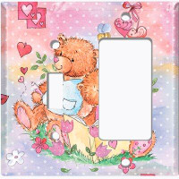 WorldAcc Metal Light Switch Plate Outlet Cover (Two Teddy Bears Bed Time Storey Pink - (L) Single Toggle / (R) Single Ro