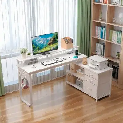 Ebern Designs Reversible L-Shaped Computer Desk With Monitor Stand/Power Outlet/File Cabinet Drawers