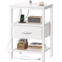 Ebern Designs Modern White Nightstand With Charger Station And Adjustable Fabric Drawer