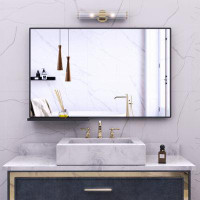 Latitude Run® Modern Bathroom Mirror With Storage Shelf Rectangular Black Wall Mirrors For Bathroom Living Room Bedroom
