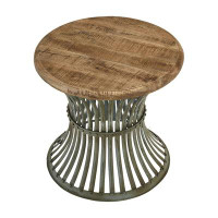 Loon Peak Round Accent Table With Natural Top And Blue Distressed Base