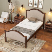 Red Barrel Studio Walnut Twin Bed Featuring Upholstered Headboard And Footboard With Slats For Enhanced Comfort And Supp