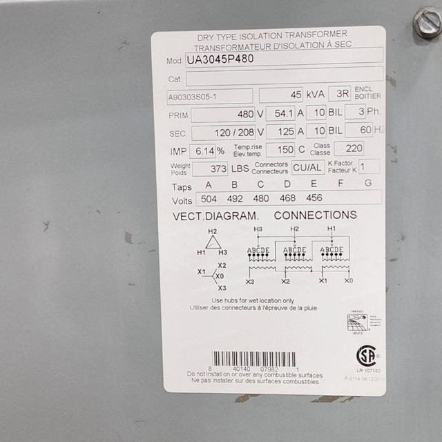 45kVA 480D to 208Y/120V 3P Isolation Multi-tap Transformer (981-0312) in Other Business & Industrial - Image 2