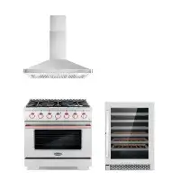 Cosmo Cosmo 3 Piece Kitchen Appliance Package with 36'' Gas Freestanding Range , Wall Mount Range Hood , and Wine Refrig
