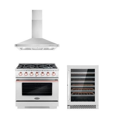 Cosmo Cosmo 3 Piece Kitchen Appliance Package with 36'' Gas Freestanding Range , Wall Mount Range Hood , and Wine Refrig in Refrigerators