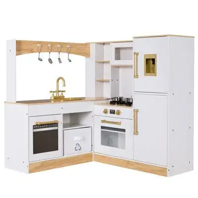 Pirecart Corner Play Kitchen For Kids, Wooden Pretend Toy Kitchen, Large Toodler Cooking Playset W/refrigerator, Stove W