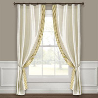 Mercer41 Luxury Mid Century Geo Faux Silk Jacquard Border Window Curtain Panel Wheat/Green Single 52X84
