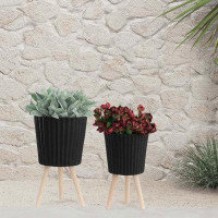 George Oliver Set Of 2 Ridged Planter With Wood Legs