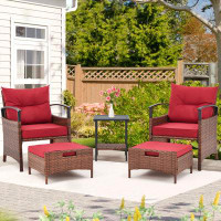 Winston Porter 5 Pieces Patio Furniture Set, Outdoor Rattan Chairs With Metal Coffee Table, Ottomans & Soft Cushions, Wi
