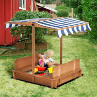 WOODEN KIDS SANDBOX WITH COVER, SAND PLAY STATION WITH FOLDABLE BENCH SEATS AND ADJUSTABLE CANOPY