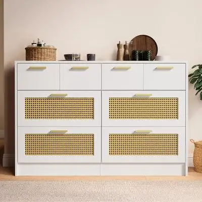 Bay Isle Home™ Bay Isle Home™ Rattan 6 Drawer Double Dresser, Modern Chest Of Drawers With Metal Handles, Wooden Boho Dr