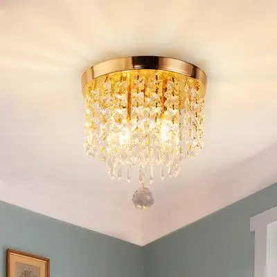 House of Hampton 10 In. 2-Light Gold Crystal Traditional Flush Mount With Crystal Glass Shade