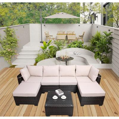 Hokku Designs Outdoor Garden Patio Furniture 7-Piece PE Rattan Wicker Cushioned Sofa in Couches & Futons