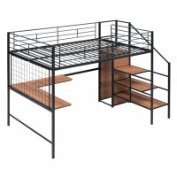Mason & Marbles Full Size Metal Loft Bed With Desk And Metal Grid, Stylish Metal Frame Bed With Lateral Storage Ladder A