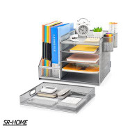 SR-HOME 5-Tier Paper Letter Tray Organizer With Drawer And 2 Pen Holder, Mesh Desktop Organizer And Storage With Magazin
