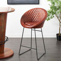 17 Stories Cole And Grey Leather Round Diamond Tufted Bar Stool With High Back And Black Metal Legs