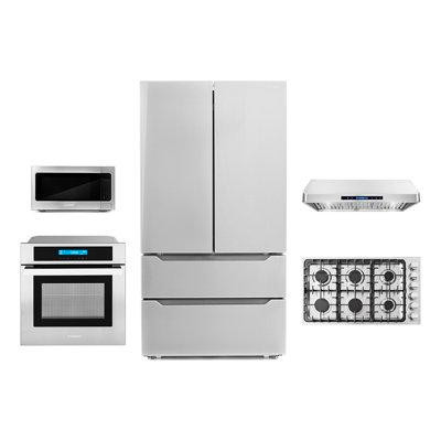 Cosmo 5 Piece Kitchen Package with French Door Refrigerator 36"" Gas Cooktop & Wall Oven in Refrigerators
