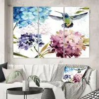 East Urban Home Farmhouse 'Humming Bird Blue Cottage Flower' Painting Multi-Piece Image on Canvas