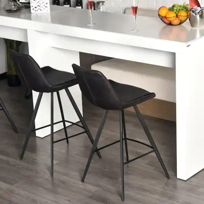 Set of 2 Modern Faux Leather Bar Counter High Stool Dining Chairs w/ Steel Metal Legs, Black