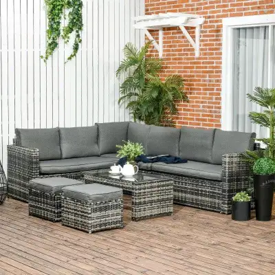 6pc L-Shape PE Rattan Wicker Sofa Conversation Set w Ottomans, Cushions for Outdoor Patio, Grey