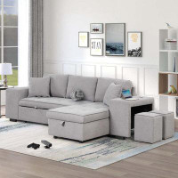 Latitude Run® 104" 3 Seat Reversible Sectional Couch, Pull Out Sleeper Sofa with Storage Chaise and 2 Stools