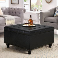Wenty Large Square Storage Ottoman With Wooden Legs, Upholstered Button Tufted Coffee Table With Nail Trims For Living S