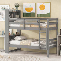 Harriet Bee Bunk Beds With Bookcase Headboard, Solid Wood Bed Frame With Safety Rail And Ladder, Can Be Converted Into 2