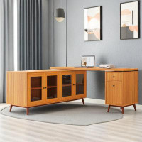 Everly Quinn L-Shaped Executive Desk With Delicate Tempered Glass, Cabinets And Drawer