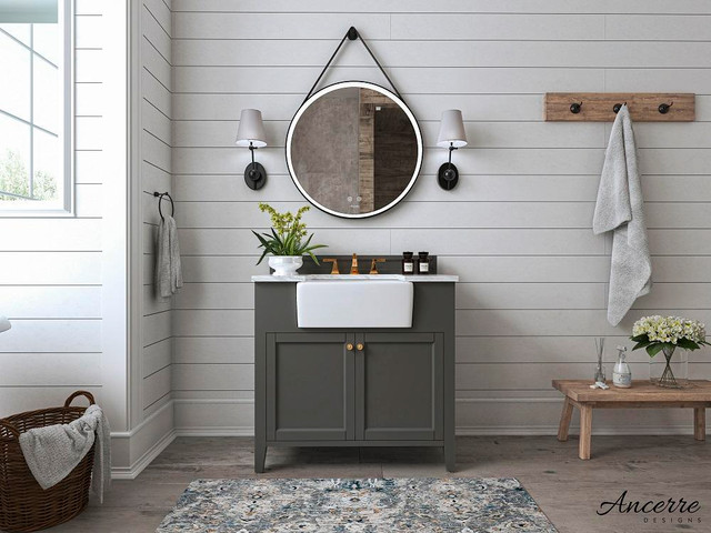 36 Inch Adeline Bathroom Vanity With Farmhouse Sink & Carrara White Marble Top Cabinet Set Available in 3 Finishes ANC in Cabinets & Countertops - Image 3