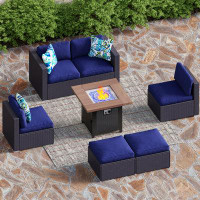 Lark Manor 7-piece 34" 50,000btu Wood-look Gas Fire Pit Table & Rattan Wicker Sectional Sofa With Cushion