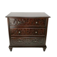 Bloomsbury Market 32 Inch Classic Wood Dresser Chest, 3 Drawers, Floral Carving, Brass, Brown
