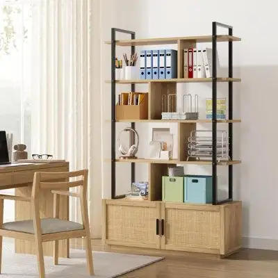 Bay Isle Home™ 5 Tier Rattan Bookshelf With Storage Cabinet And Door