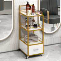 Mercer41 Salon Storage Trolley Cart,w/ Lockable Rolling Wheels, Marbled Board, &Drawer Salon Furniture, White