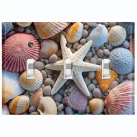 WorldAcc Metal Light Switch Plate Outlet Cover (Colorful Sea Shell Star Fish - Triple Toggle)