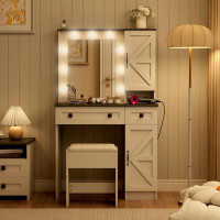 Winston Porter Rontae 31.5" Makeup Vanity Desk, Farmhouse White Vanity with Power Outlet & 2 Drawers
