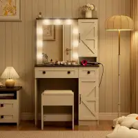 Winston Porter Rontae 31.5" Makeup Vanity Desk, Farmhouse White Vanity with Power Outlet & 2 Drawers