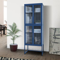 Ebern Designs Stylish 4-Door Tempered Glass Cabinet With 4 Glass Doors Adjustable Shelves U-Shaped Leg Anti-Tip Dust-Fre