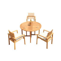 Teak Smith Grade-A Teak Dining Set: 52" Round Table And 5 Clipper Stacking Arm Chairs