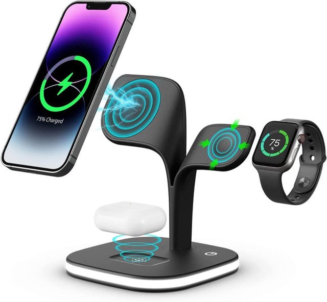 Magnetic Charging Station, EXW 5 in 1 Faster Mag-Safe Wireless Charger Stand for iPhone 14,13,12 And Watches And EarPods in Cell Phone Accessories in City of Montréal - Image 4
