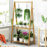 Arlmont & Co. Hanging Plant Shelf Wood Flower Stand 2 Tiered Bamboo Plant Shelves Holder Rack