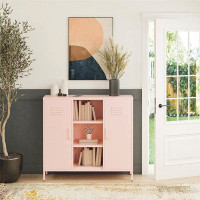 Latitude Run® REALROOMS Shadwick 2 Door Metal Locker Accent Storage Cabinet With Centre Bookcase, Pale Pink