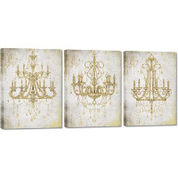 House of Hampton 3 Pieces Chandelier On Vintage Background Canvas Wall Art Grey And Gold Crystal Lamp Picture Print For