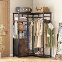 Trent Austin Design Molloy Industrial Corner Clothes Rack, L Shaped Garment Rack With Shelves And 2 Fabric Drawers, Heav