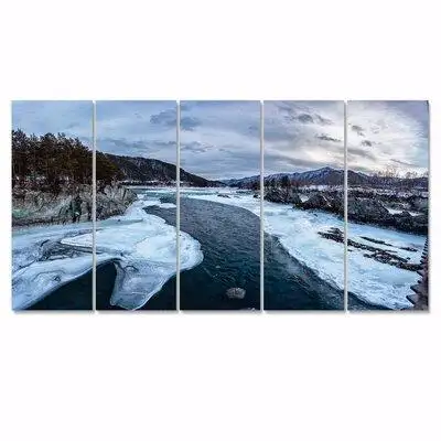 Design Art Cold Mountain River At Winter Sunny Day - Traditional Canvas Wall Art Print - 60X28 - 5 Panels