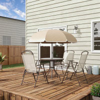 Latitude Run® 6 Piece Patio Dining Set with Umbrella, 4 Folding Chairs and Round Glass Table