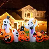 The Holiday Aisle® 8 FT Halloween Inflatable Ghosts With Pumpkins Decorations Outdoor, Ghosts Blow Up Yard Decoration Wi
